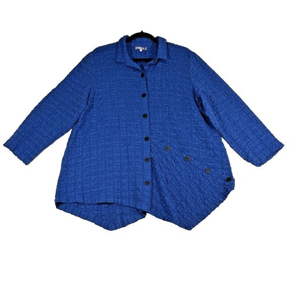 Habitat Textured Woven Blue Blouse 3/4 Sleeve Uneven Button Front Tunic Sz Large - Picture 1 of 8